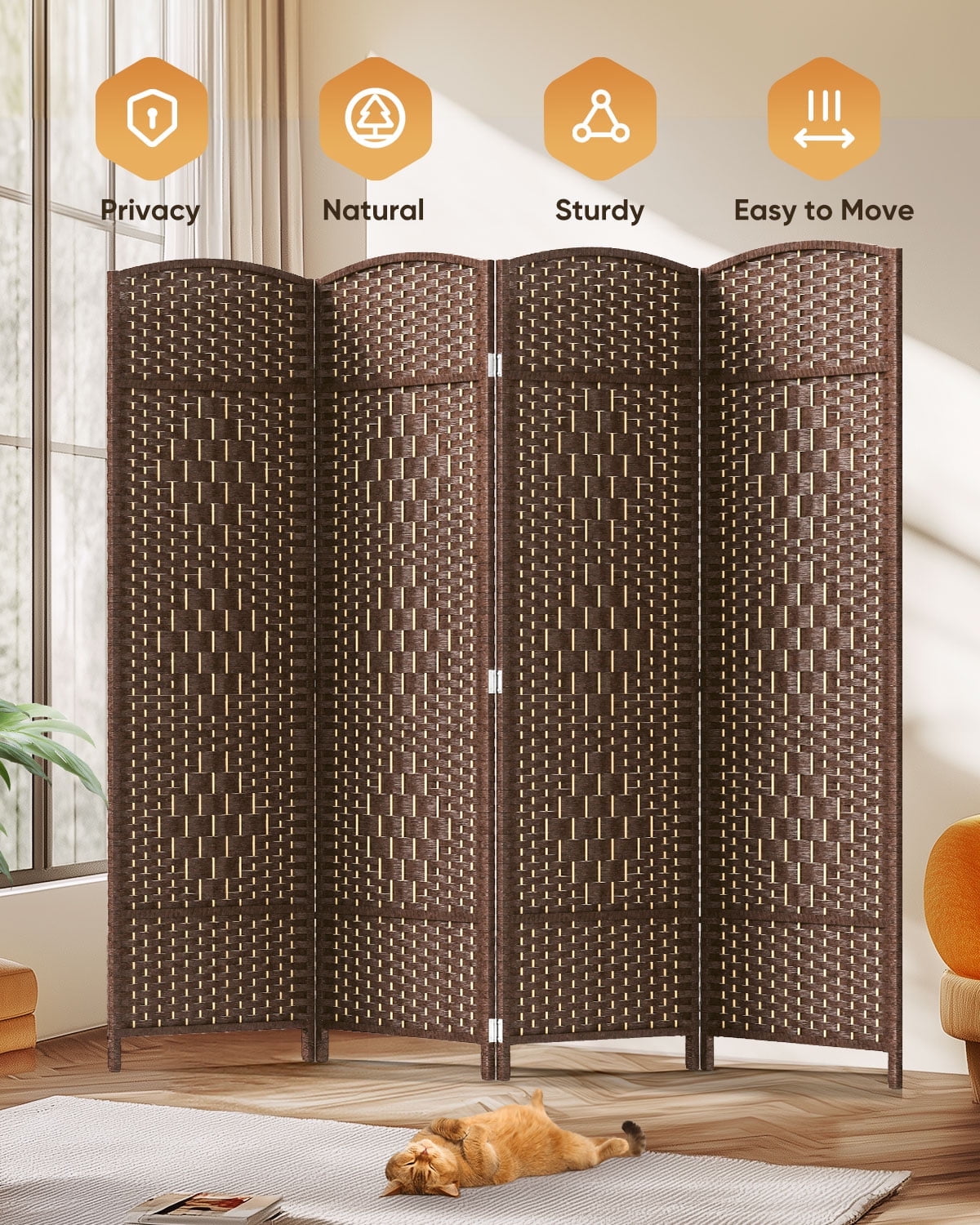 Jostyle 6ft Tall Room Divider with Hand-Woven Design, 4-Panel Folding Privacy Screen Freestanding Mocha