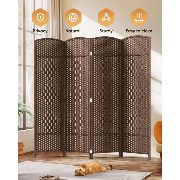 Jostyle 6ft Tall Room Divider with Hand-Woven Design, 4-Panel Folding Privacy Screen Freestanding Mocha