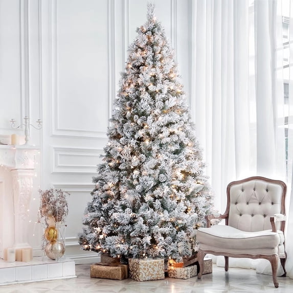 Jostyle 9ft Pre-lit Snow Flocked Artificial Christmas Tree with Pinecones Hinged PVC Branches, 550 Clear Lights, Metal Stand Realistic Full Shape for Home, Office, Holiday Decoration