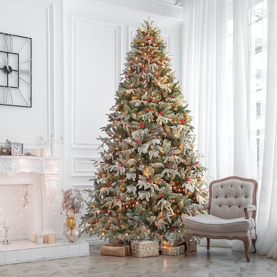 Jostyle Pre-Lit 9ft Artificial Christmas Tree, Feel Real Snow Flocked PE Tree with 1000 Clear Lights and Red Berries, Holiday Christmas Pre-Decorated Tree for Home, Office, Party Decoration