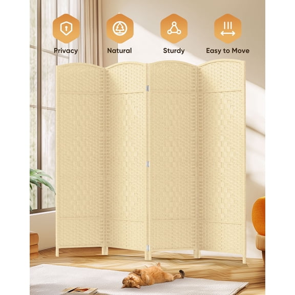 Jostyle Room 6ft Tall Divider with Hand-Woven Design, 4-Panel Folding Privacy Screen Freestanding White