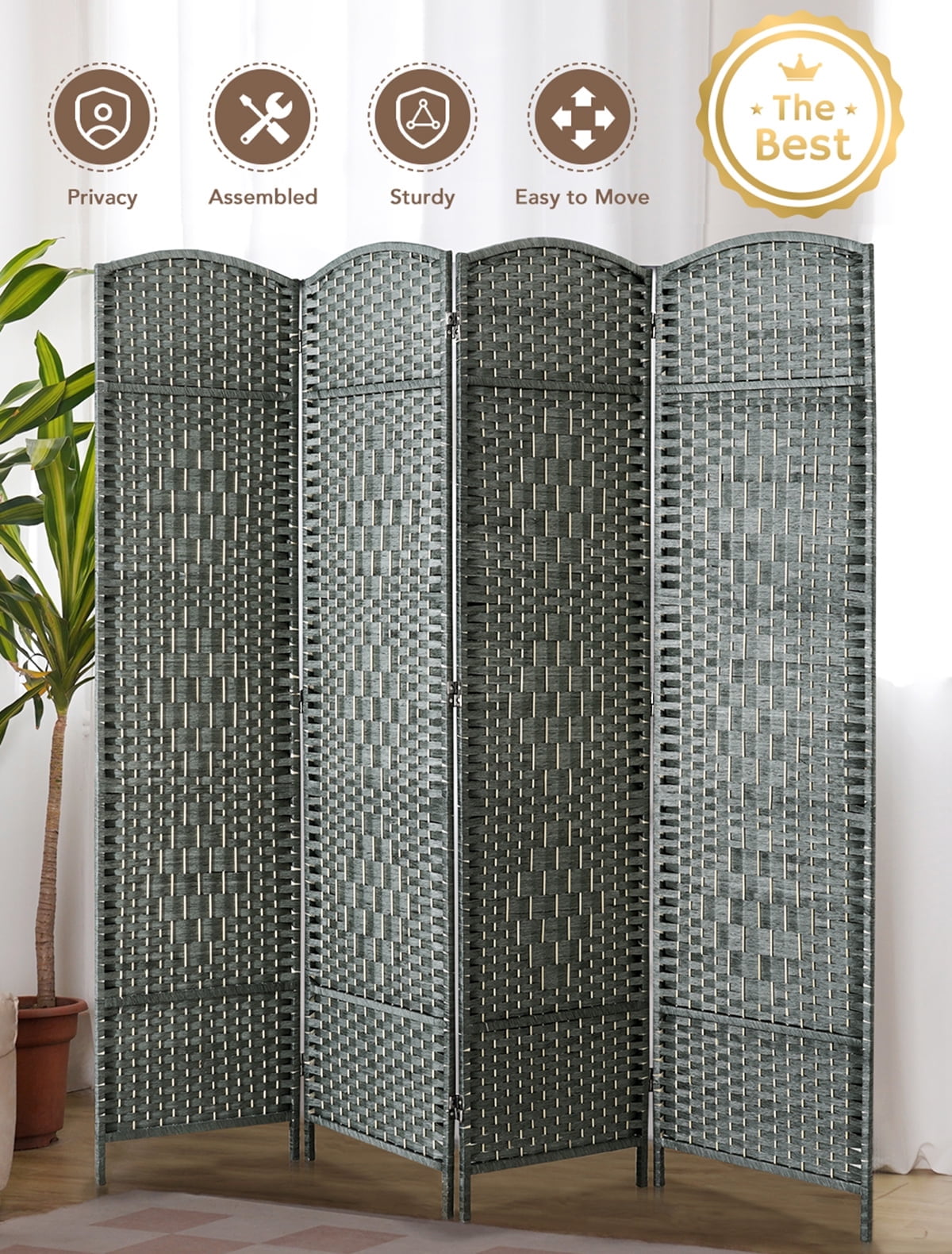 Gray 4-Panel Hand-Woven Rattan Folding Privacy Screen