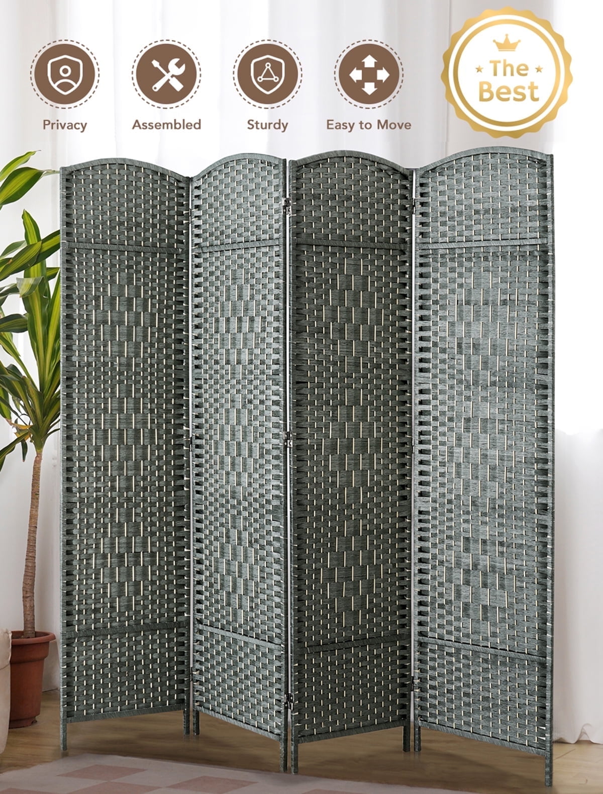 Gray 4-Panel Hand-Woven Rattan Folding Privacy Screen