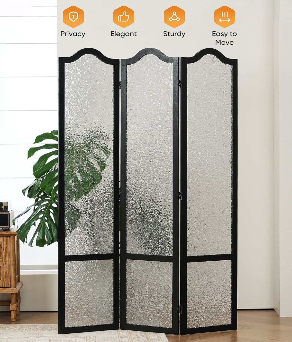 Jostyle 3 Panel Acrylic Room Divider Privacy Screen Translucent Folding Partition with Paulownia Wood Frame Black, Shatterproof & Space-Saving for Living Room, Bedroom, Office