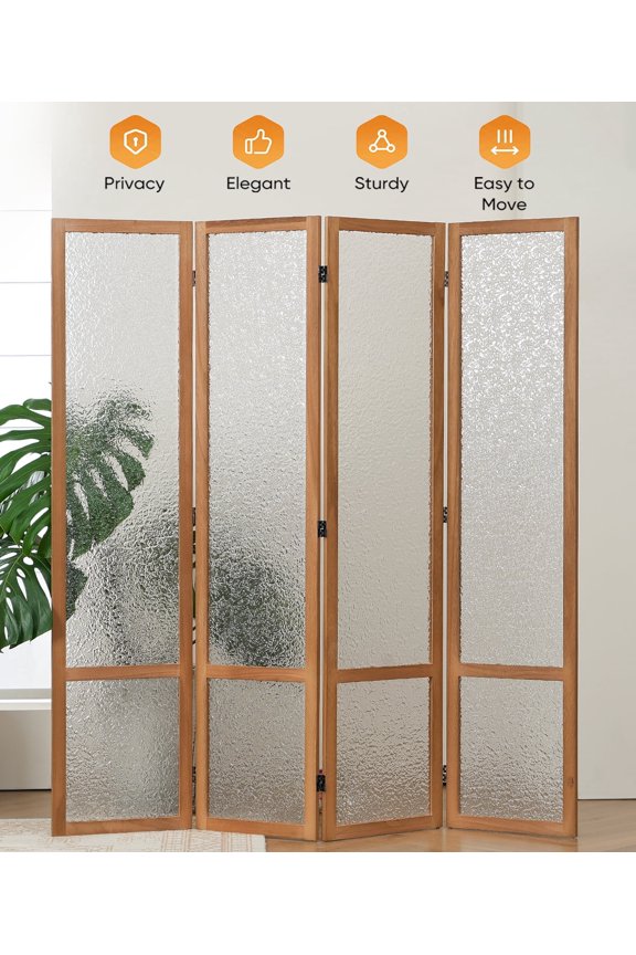 4 Panel Acrylic Room Divider Privacy Screen Translucent Folding Partition with Paulownia Wood Frame Natural, Shatterproof & Space-Saving for Living Room, Bedroom, Office