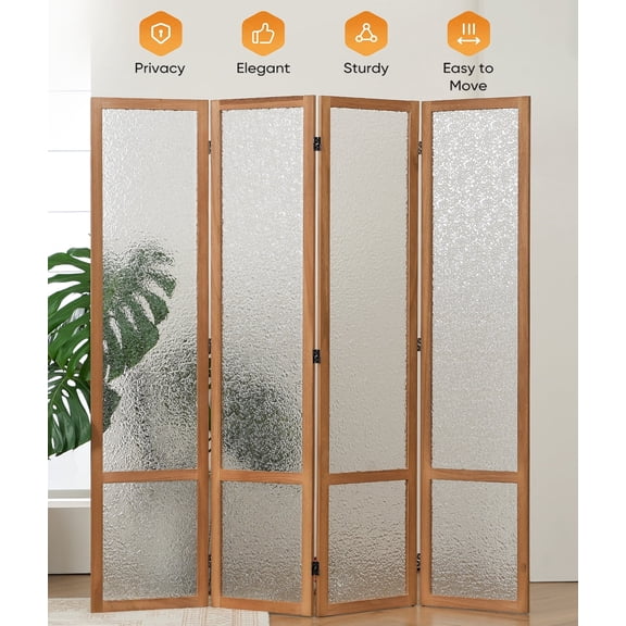 Jostyle 4 Panel Acrylic Room Divider Privacy Screen Translucent Folding Partition with Paulownia Wood Frame Natural, Shatterproof & Space-Saving for Living Room, Bedroom, Office