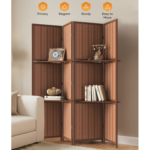 Jostyle 4 Panel Room Divider Privacy Screen with Storage Shelves - Foldable Partition with Sturdy Pine Wood Frame & Breathable Bamboo-Hemp Fabric for Living Room, Bedroom, Office Espresso Brown