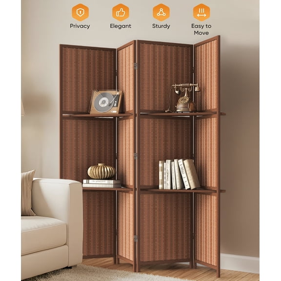 Jostyle 4 Panel Room Divider Privacy Screen with Storage Shelves - Foldable Partition with Sturdy Pine Wood Frame & Breathable Bamboo-Hemp Fabric for Living Room, Bedroom, Office Espresso Brown
