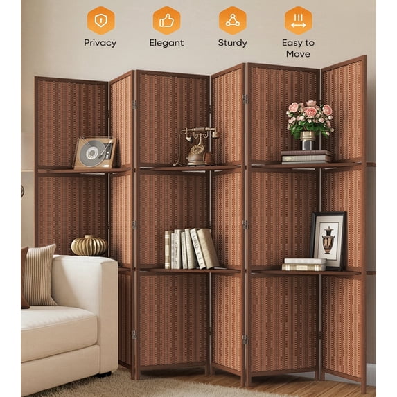 Jostyle 6 Panel Room Divider Privacy Screen with Storage Shelves - Foldable Partition with Sturdy Pine Wood Frame & Breathable Bamboo-Hemp Fabric for Living Room, Bedroom, Office Espresso Brown