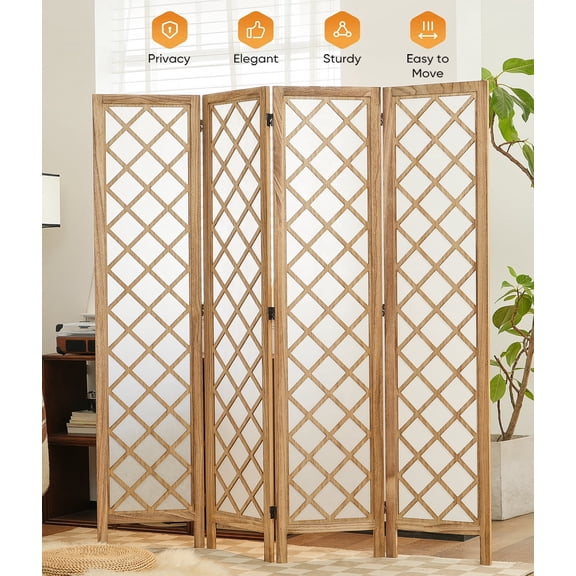 Jostyle 4 Panel Room Divider Privacy Screen - Foldable Partition with Natural Paulownia Wood Frame, Diamond Pattern Non-Woven Fabric for Living Room, Bedroom, Office Espresso & White
