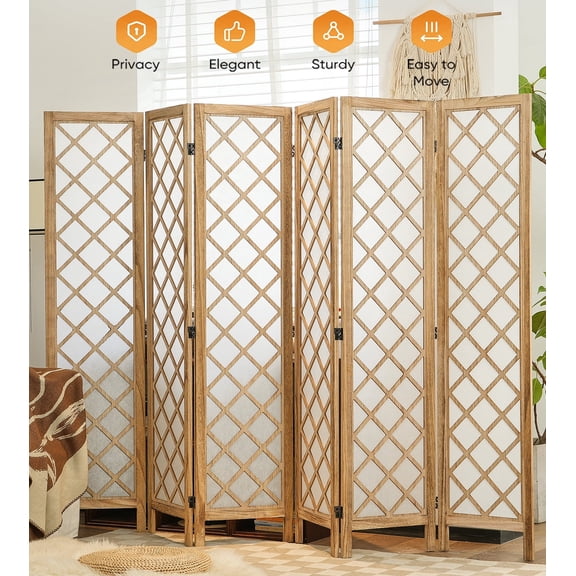 Jostyle 6 Panel Room Divider Privacy Screen - Foldable Partition with Natural Paulownia Wood Frame, Diamond Pattern Non-Woven Fabric for Living Room, Bedroom, Office Espresso & White
