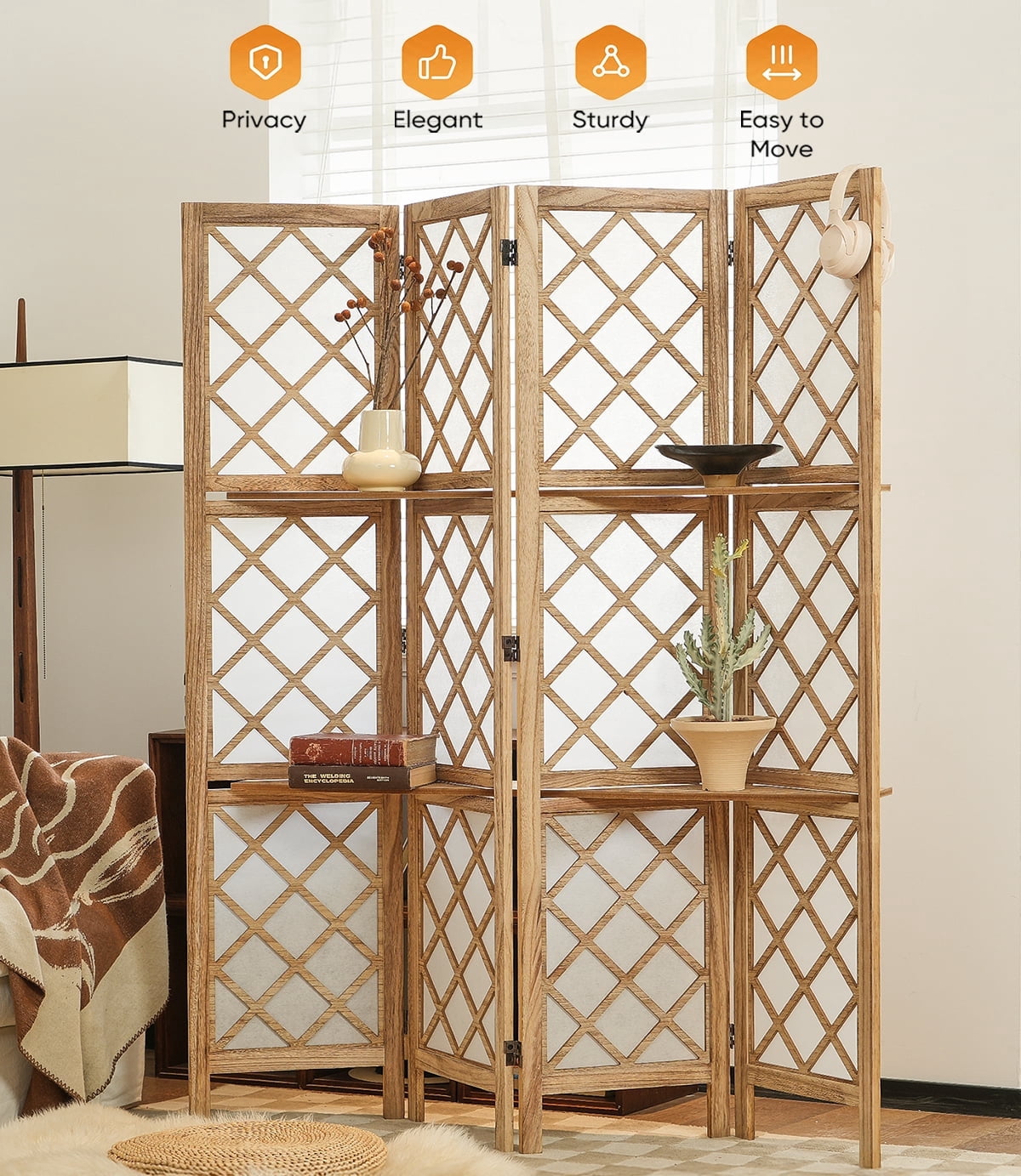 Jostyle 4/6 Panel Room Divider Privacy Screen with Storage Shelves Foldable Wood