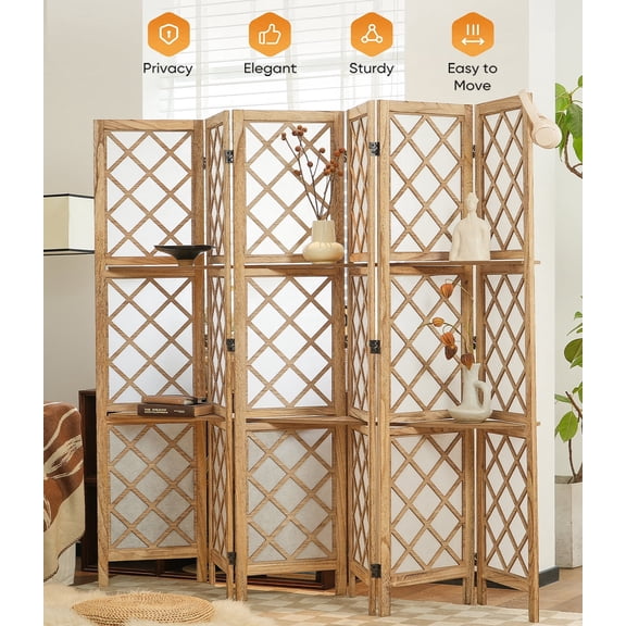 Jostyle 6 Panel Room Divider Privacy Screen with Storage Shelves Foldable with Natural Paulownia Wood Frame Diamond Pattern Non-Woven Fabric for Living Room, Bedroom, Office Espresso & White