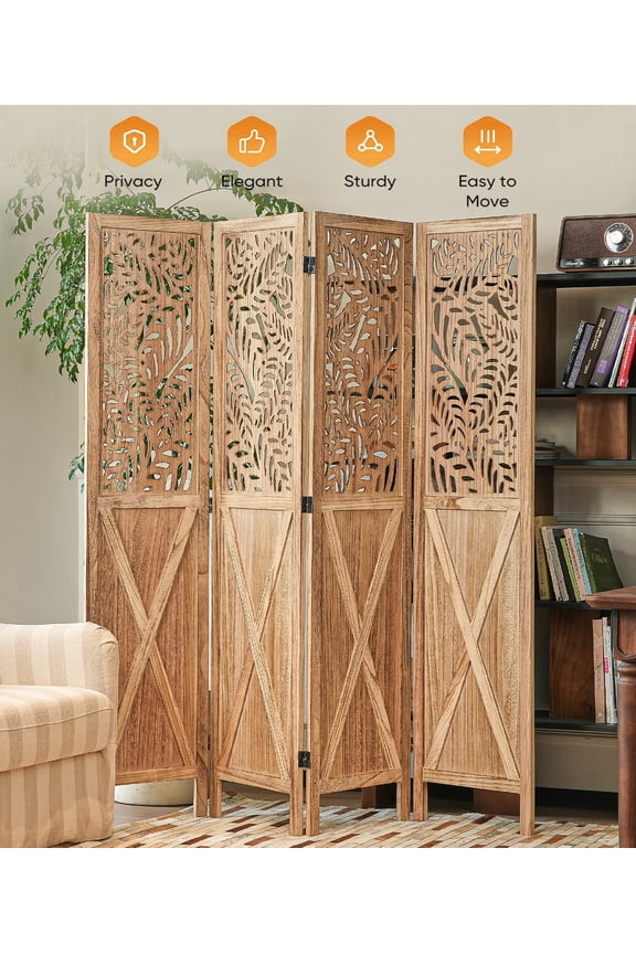 4 Panel Solid Wood Room Divider Privacy Screen - Freestanding Folding Partition with Barn Door Openwork Design, Paulownia Wood Frame Natural, No Assembly for Living Room, Bedroom, Office