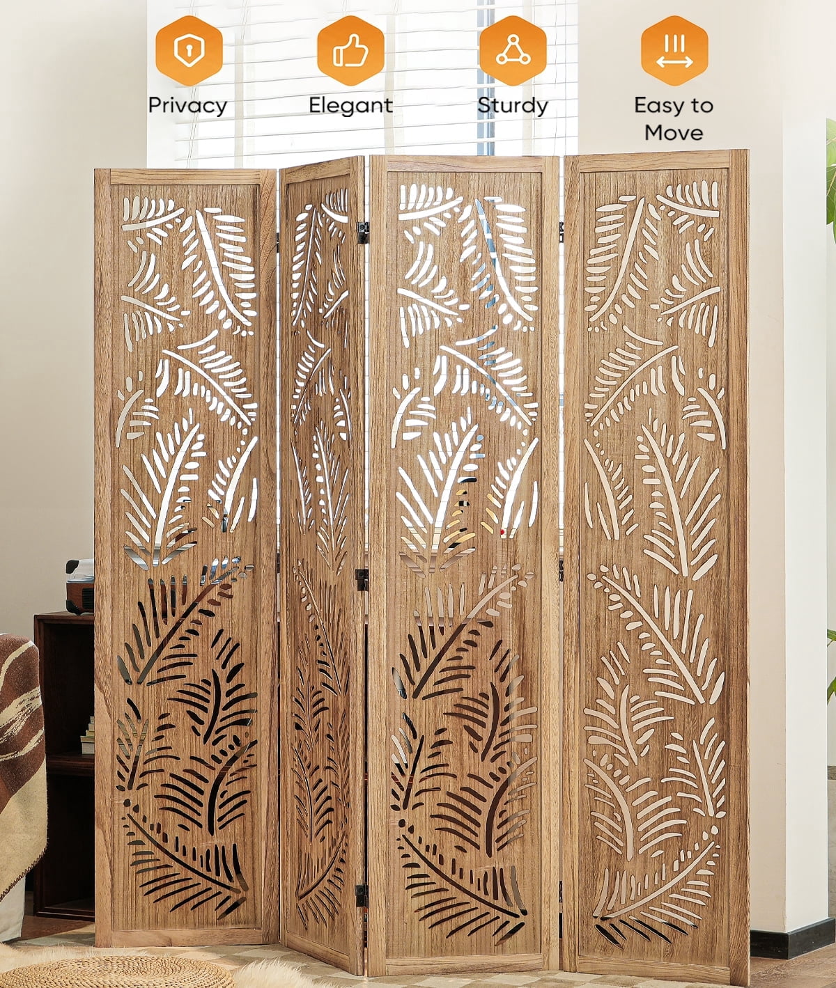 Jostyle 4 Panel Solid Wood Room Divider Privacy Screen - Freestanding Folding Partition with Feather Openwork Design, Paulownia Wood Frame Natural, No Assembly for Living Room, Bedroom, Office