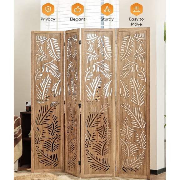 Jostyle 4 Panel Solid Wood Room Divider Privacy Screen - Freestanding Folding Partition with Feather Openwork Design, Paulownia Wood Frame Natural, No Assembly for Living Room, Bedroom, Office