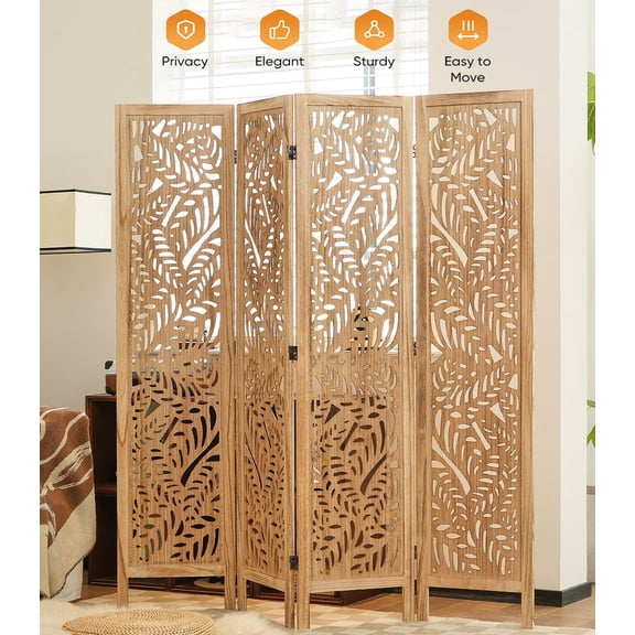 Jostyle 4 Panel Solid Wood Room Divider Privacy Screen - Freestanding Folding Partition with Leaves Openwork Design, Paulownia Wood Frame Natural, No Assembly for Living Room, Bedroom, Office