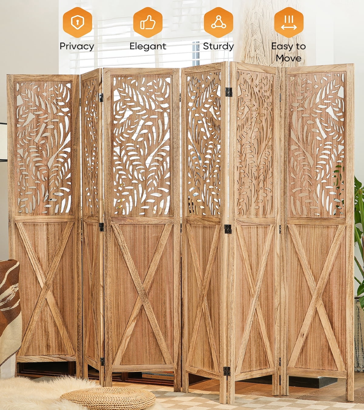 Jostyle 6 Panel Solid Wood Room Divider Privacy Screen - Freestanding Folding Partition with Barn Door Openwork Design, Paulownia Wood Frame Natural, No Assembly for Living Room, Bedroom, Office
