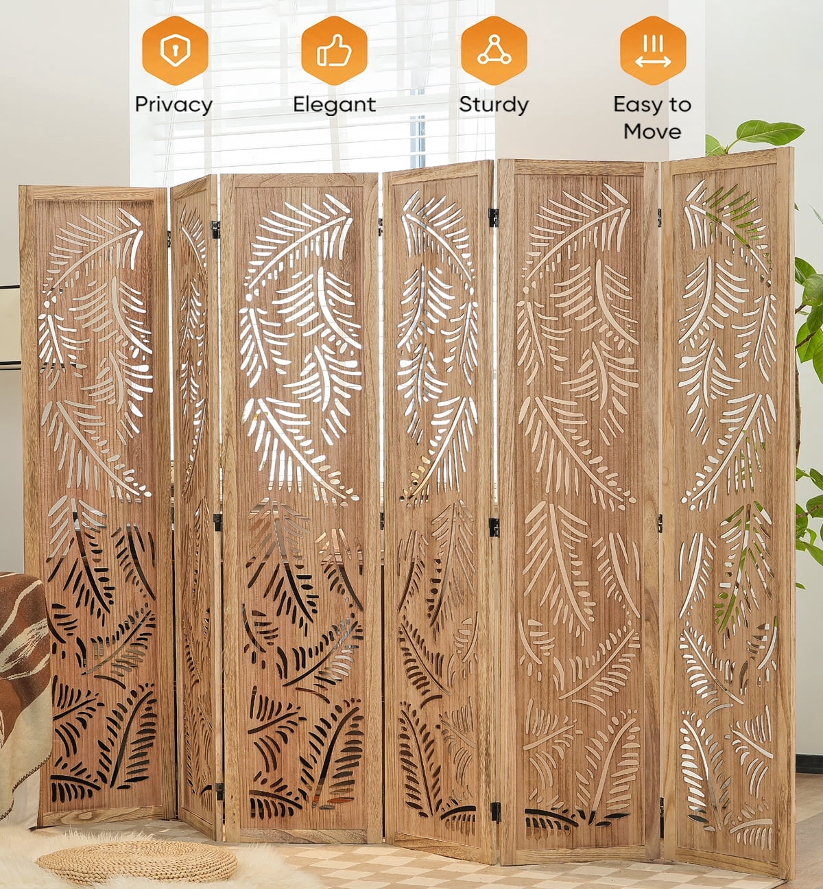 Jostyle 6 Panel Solid Wood Room Divider Privacy Screen - Freestanding Folding Partition with Feather Openwork Design, Paulownia Wood Frame Natural, No Assembly for Living Room, Bedroom, Office