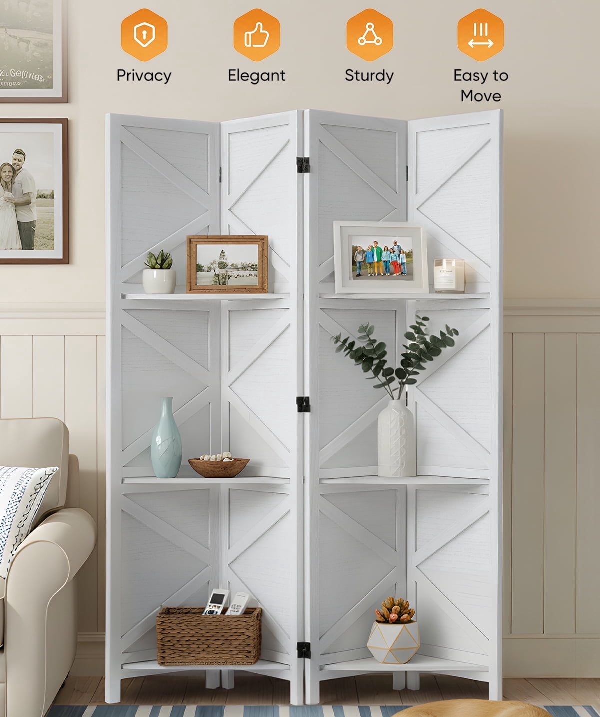 Jostyle 4 Panel Room Divider Privacy Screen with Storage Shelves - Foldable Partition with Natural Paulownia Wood Frame for Living Room, Bedroom, Office White