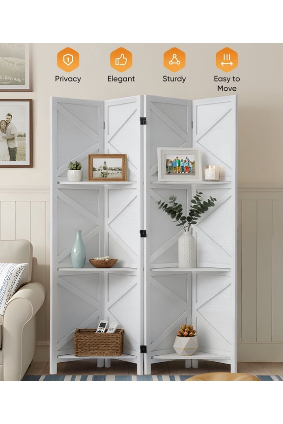 4 Panel Room Divider Privacy Screen with Storage Shelves - Foldable Partition with Natural Paulownia Wood Frame for Living Room, Bedroom, Office White