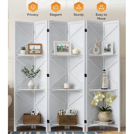 Jostyle 6 Panel Room Divider Privacy Screen with Storage Shelves - Foldable Partition with Natural Paulownia Wood Frame for Living Room, Bedroom, Office White
