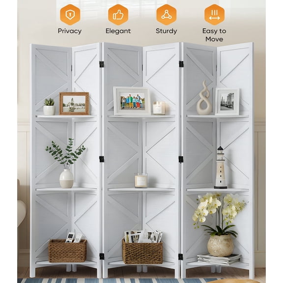 Jostyle 6 Panel Room Divider Privacy Screen with Storage Shelves - Foldable Partition with Natural Paulownia Wood Frame for Living Room, Bedroom, Office White