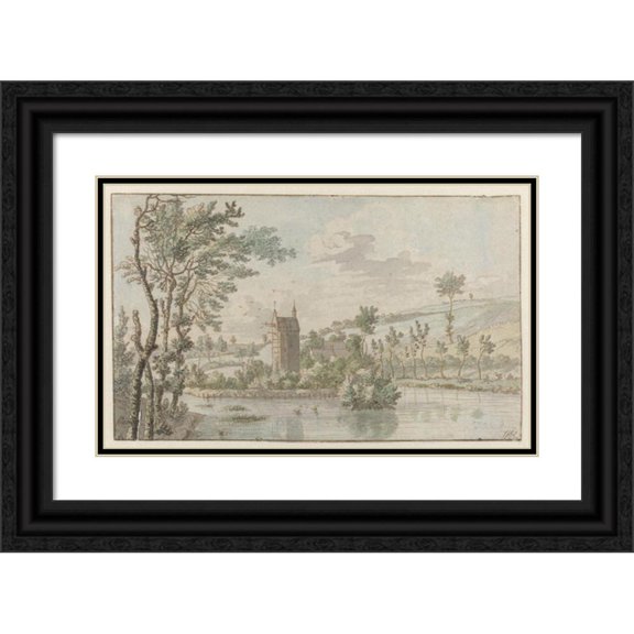 Josua de Grave 24x16 Black Ornate Framed Double Matted Museum Art Print Titled: Landscape with Huis Kluys, Near Brussels (1674)