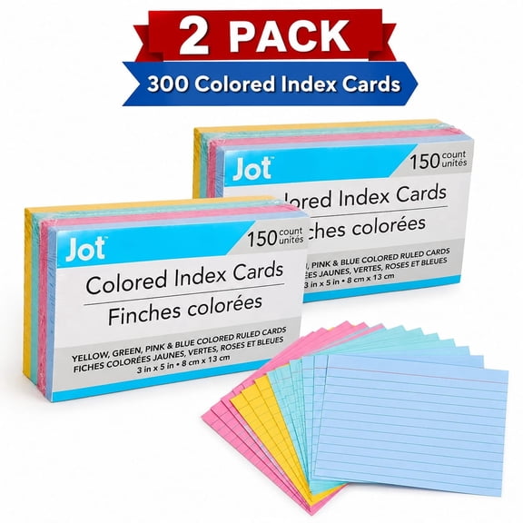 Jot 3 x 5 Inch Colored Ruled Index Cards, 150 Count, Assorted Yellow Green Pink Blue, Lined Note Cards for School, Office, Studying & Notes, Pack of 2