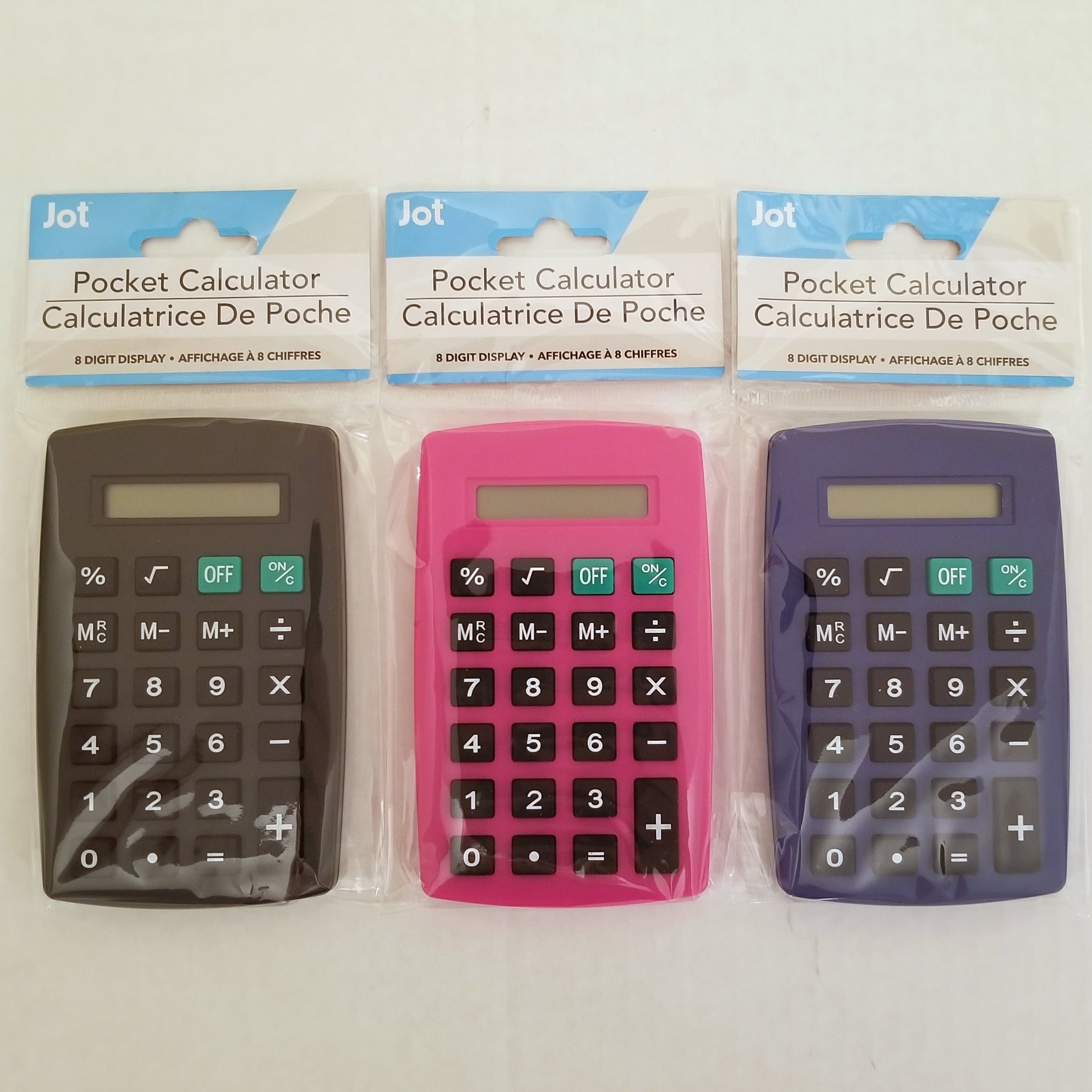 Jot 8 Digit Display Pocket Calculator 3 Pack 3 Colors Black Pink Blue