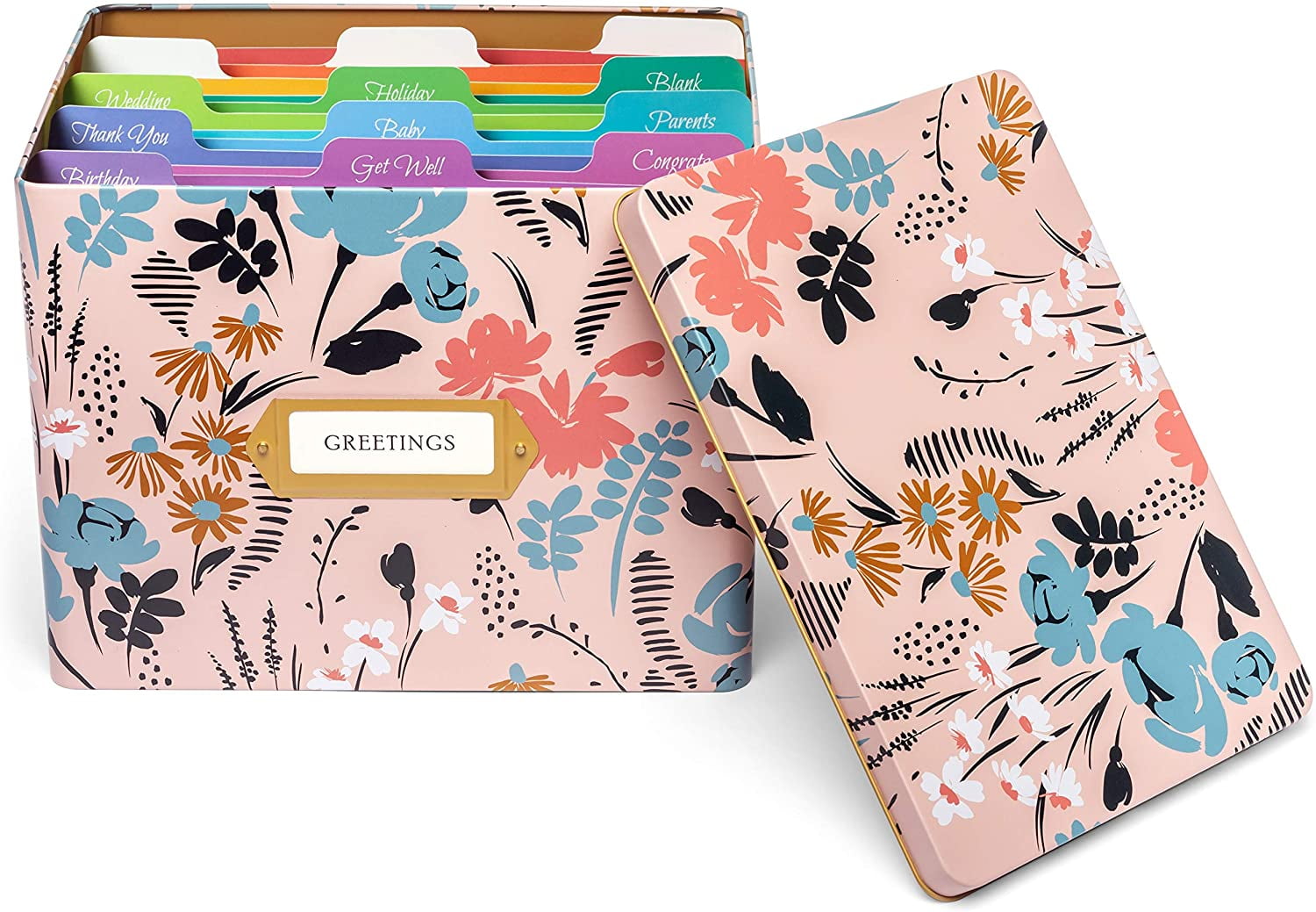 Jot & Mark Greeting Card Organizer Tin Box with Tabbed Dividers (Meadow