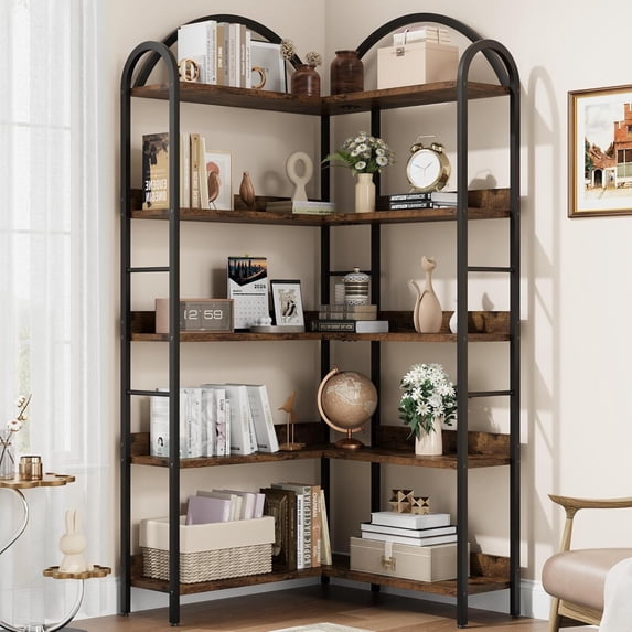 Jotoa Arched Corner Bookshelf, Industrial L Shaped Bookshelf 5 Tier Corner Shelf with Metal Frame, Large Corner Display Rack for Living Room Bedroom Brown