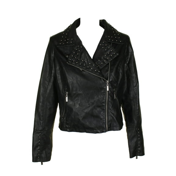 Jou Jou Classic Black Silver Studded Faux-Leather Moto Jacket XS