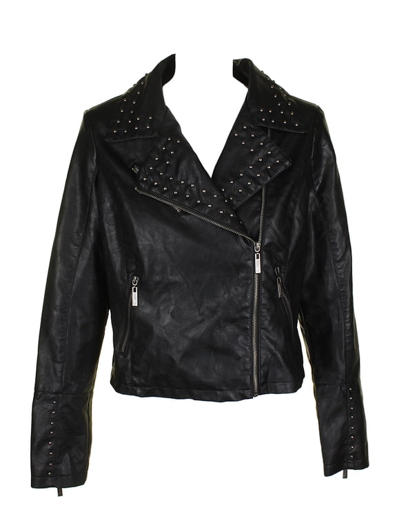 Classic Black Silver Studded Faux-Leather Moto Jacket XS