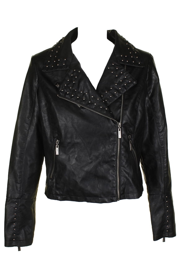 Classic Black Silver Studded Faux-Leather Moto Jacket XS