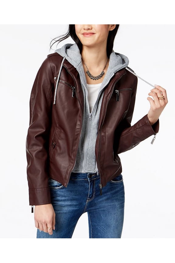 Junior's Faux Leather Hoodie Moto Jacket Brown Size X-Large