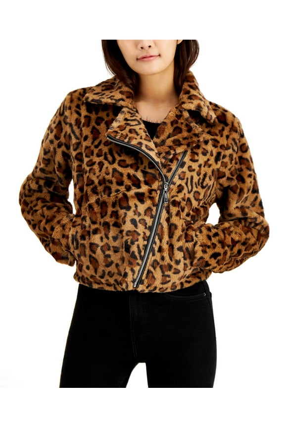 Juniors' Faux-Fur Leopard-Print Moto Jacket, Brown, XS