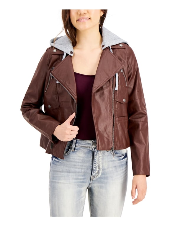 Juniors Hoodie Faux-leather Coat, Brown, Medium
