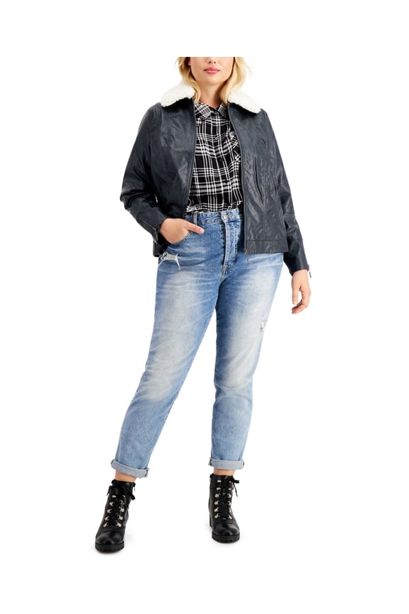Juniors Trendy Plus Size Faux-Fur-Collar Faux-Leather Jacket