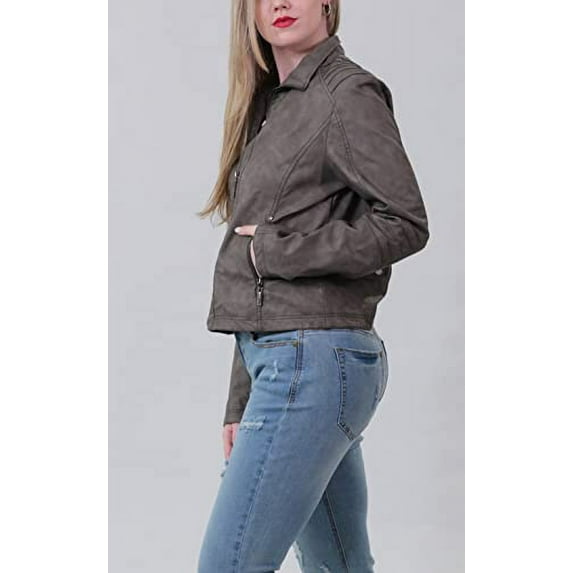 JouJou JOUJOU Womens Vegan Leather Moto Jacket, Comfortable & Stylish Coat, Portabello, Medium