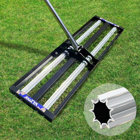 JouZYA 17"x10" Lawn Leveling Rake with Aluminum Rollers, Stainless Steel Lawn Leveler Levelawn Tool, 70" Handle
