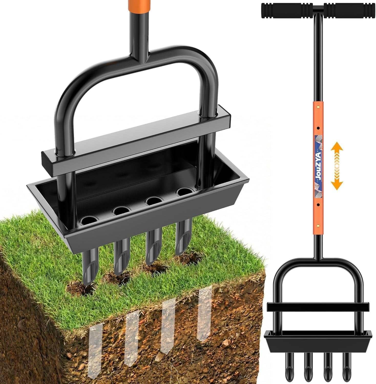 JouZYA Lawn Core Aerator Tool with Soil Core Collection Tray, 4 Tines Manual Grass Aerator, Spike Lawn Coring Aerator for Yard Lawn Aeration Soil Loosening Garden Tool, Coral