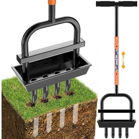 JouZYA Lawn Core Aerator Tool with Soil Core Collection Tray, 4 Tines Manual Grass Aerator, Spike Lawn Coring Aerator for Yard Lawn Aeration Soil Loosening Garden Tool, Coral