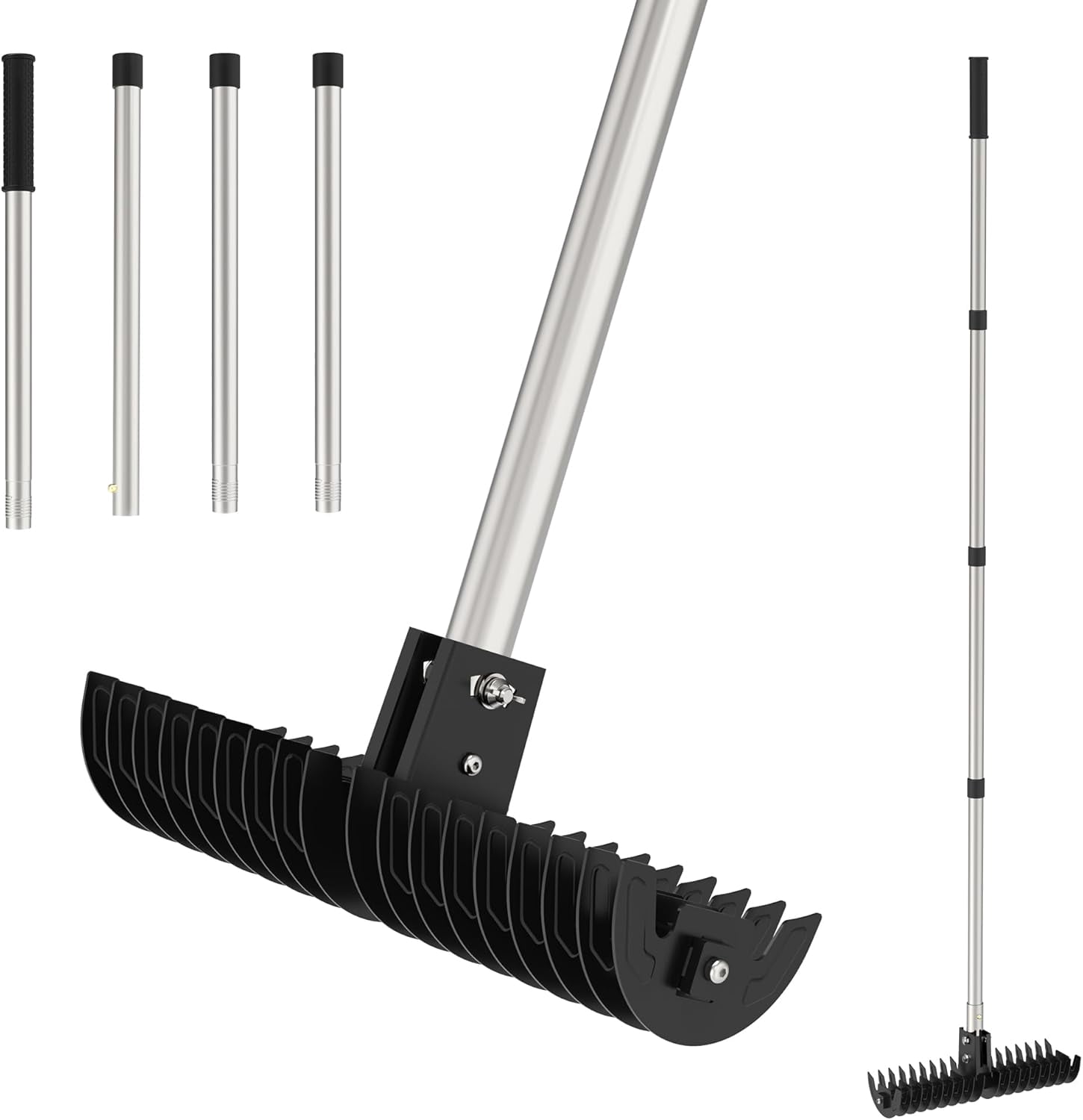 JouZYA Lawn Thatch Rake, 15-Inch Steel Dethatcher, Adjustable 0-15° Angle & 38-68" Length, Heavy-Duty Yard Tool for Dead Grass Removal & Lawn Care