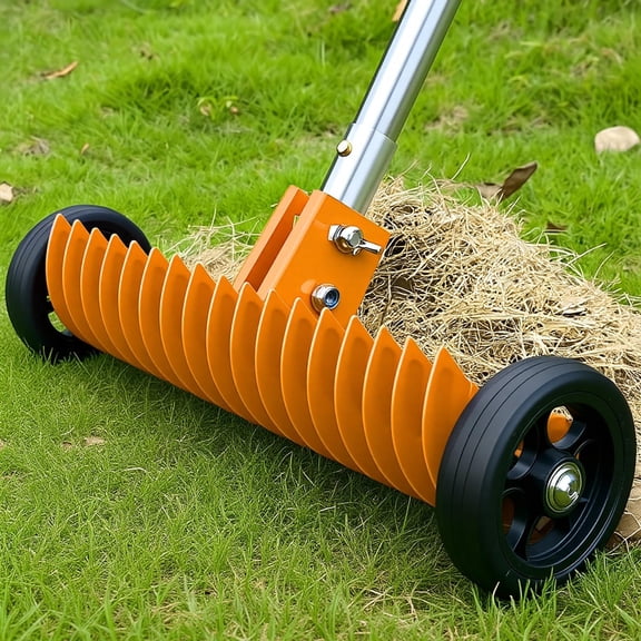 JouZYA Lawn Thatch Rake, 15 in Steel Dethatching Rake with Adjustable Angle and 3868 in Handle(Coral)