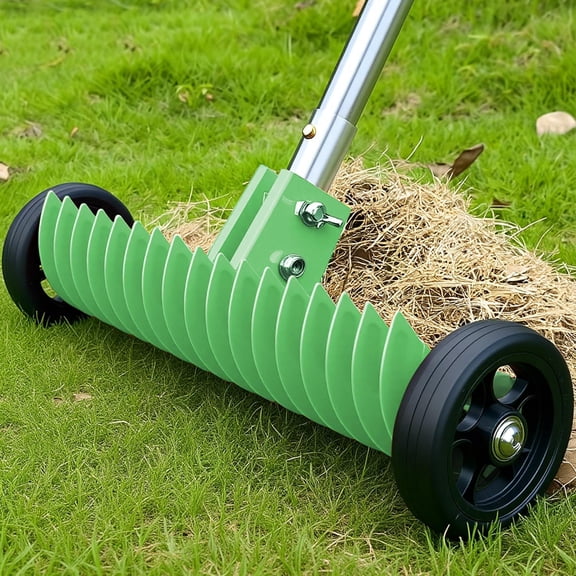 JouZYA Lawn Thatch Rake, 15 in Steel Dethatching Rake with Adjustable Angle and 3868 in Handle(Olive)