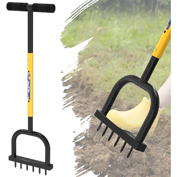 JouZYA Manual Spike Lawn Aerator, Grass Aerator Gardening Tool with 6 Sharp 2.4 Inch Tines, Height Adjustable Manual Core Aerator for Lawn, Yard, Courtyard & Garden