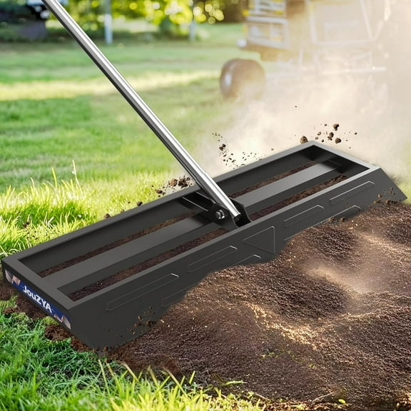 JouZYA Upgraded Lawn Leveling Rake, 30° Angled Head, 30"x10" Stainless Steel, 80" Extended Handle, Heavy-Duty for Garden, Golf Course, and Farm - Durable and Easy to Use