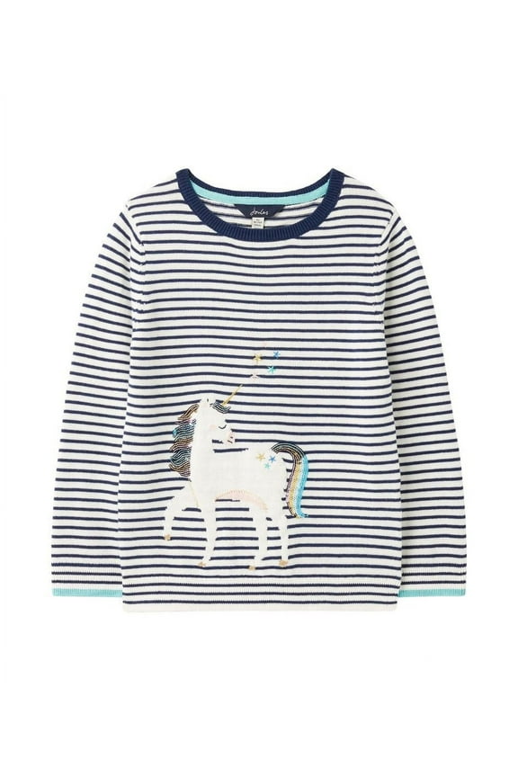 Girls' Miranda Intarsia Jumper Stripe Unicorn Sweater, Navy, 11-12 Years