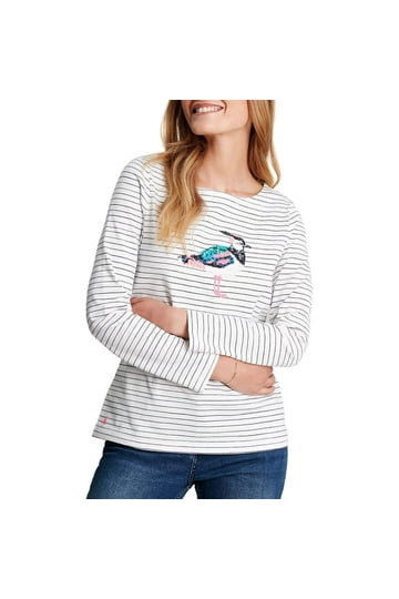 Sweat-shirt Femme Joules Cowdrey – Rayé Blanc Et Marine, Col Haut, Boutons, Taille 12